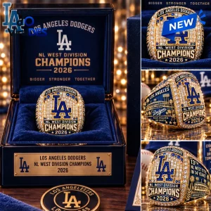 Composite view of the Los Angeles Dodgers 2026 NL West Division Champions Ring in a blue display box.