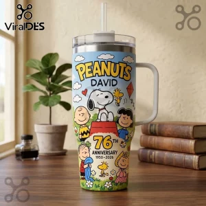 Peanuts Snoopy and Friends Personalized 40oz Tumbler with 76th anniversary graphics, cartoon characters, and white handle.