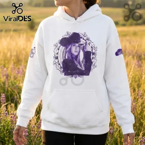 Lainey Wilson x LSU Tigers Football White Hoodie featuring a purple graphic of the singer inside a filigree frame.