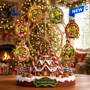 Personalized The Grinch Christmas Ferris Acrylic Light Box with six miniature Grinch ornaments featuring custom names.
