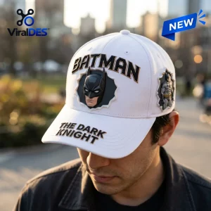 Front view of a white baseball cap with 3D character emblems and text.