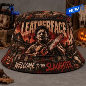 Front view of Leatherface Welcome To The Slaughter Horror Bucket Hat with red and black graphic print.