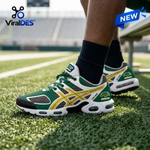 North Dakota State University Bison Personalized Air Max Sneakers in green, gold, and white on a stadium turf field.