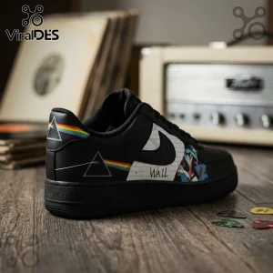 Pink Floyd The Wall Dark Side of the Moon Air Force 1 Sneakers featuring prism graphics on black leather footwear.