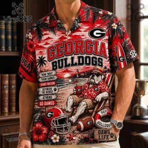 Georgia Bulldogs NFL floral Hawaiian shirt featuring a bulldog mascot, football helmet, and red tropical hibiscus prints.