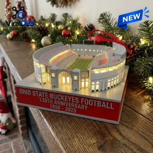 Ohio State Buckeyes 135th Anniversary Christmas ornament featuring a lit miniature model of the stadium on a red base.
