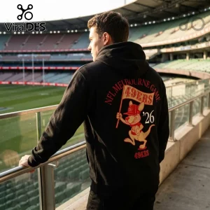 San Francisco 49ers Australia 2026 Kangaroo Mascot Hoodie worn by a man at an outdoor stadium.