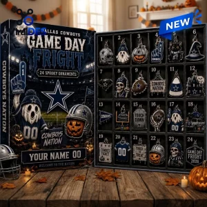 Open Dallas Cowboys Game Day Fright Halloween Advent Calendar displaying 24 numbered spooky ornaments on wooden table.