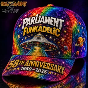Parliament Funkadelic Space UFO 58th Anniversary baseball cap featuring a cosmic rainbow galaxy print and gold embroidery.