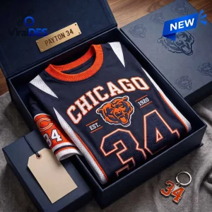 Folded navy blue Chicago Bears 34 custom name shirt inside a black presentation box with a matching keychain.