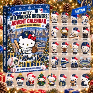 Front view of Hello Kitty x Milwaukee Brewers 2026 Advent Calendar box displaying twenty-four mini figurines.