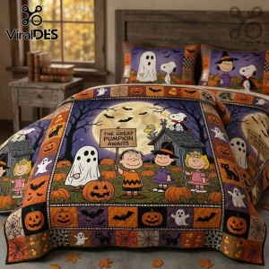 Peanuts Great Pumpkin Halloween Bedding Quilt Set featuring Snoopy, Linus, and Lucy in a pumpkin patch under a full moon.