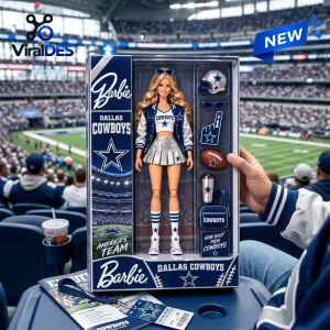 Barbie Dallas Cowboys Cheerleader Acrylic Plaque showing a doll in uniform with football accessories in stadium packaging.