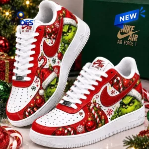 Side view of Grinch Christmas Red Nike Air Force 1 Sneakers featuring holiday graphics.