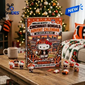 Front view of Hello Kitty x Cincinnati Bengals advent calendar box with mini character figurines on a wooden table.