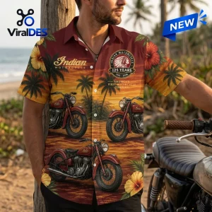 Indian Motorcycle 125th Anniversary button-down shirt featuring red vintage motorcycles, tropical palms, and hibiscus print.