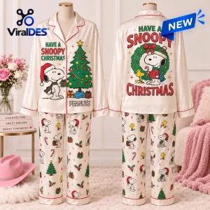 Front and back view of Snoopy Christmas Satin Pajamas Set featuring holiday graphics and matching pants.