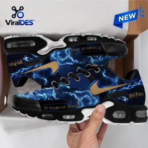 Harry Potter 25th Anniversary Blue Magic Air Max Shoes featuring lightning graphics, gold swooshes, and black soles.