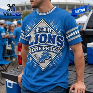 Front view of a royal blue Detroit Lions t-shirt with a diamond-shaped One Pride graphic.