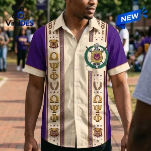 Front view of an Omega Psi Phi purple and gold Hawaiian shirt featuring a bulldog and crest graphic design.
