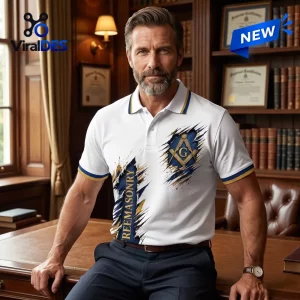 Front view of a man wearing a white polo shirt with blue and gold Freemasonry square and compasses graphic.