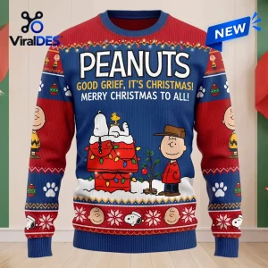 Front view of Peanuts Snoopy Christmas ugly sweater with blue and red knit patterns.