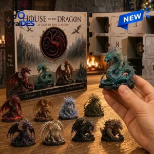 Front view of the House of the Dragon 24 Days of Dragons Advent Calendar with miniature dragon figurines on a wooden table.