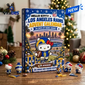 Front view of a Los Angeles Rams themed advent calendar featuring a Hello Kitty character in a football uniform.