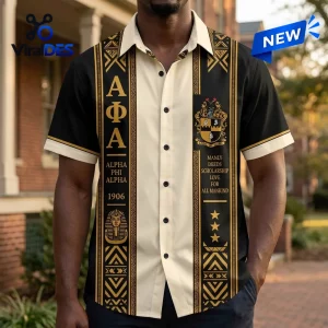 Front view of an Alpha Phi Alpha Fraternity Premium Hawaiian Shirt featuring black and beige vertical panels with text.