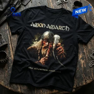 Amon Amarth Allfather Awakens 2026 Concert Tour Shirt featuring a bearded Viking warrior with a bloodied knife and horn.