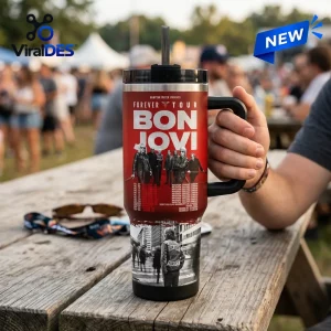 Bon Jovi Forever Legendary Edition Stanley Tumbler featuring band photos, concert tour dates, and red branding.