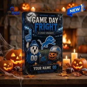 Front view of Detroit Lions Game Day Fright Halloween Advent Calendar surrounded by pumpkins and lit candles.