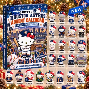 Front view of Hello Kitty x Houston Astros 2026 Advent Calendar box beside twenty-four numbered collectible figurines.