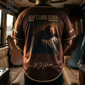 Rod Wave Don't Look Down Tour brown baseball jersey featuring a back graphic of the artist and tour text.