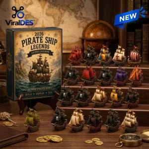 Front view of Pirate Ship Legends 2026 Advent Calendar box alongside twenty four miniature pirate ship figurines.