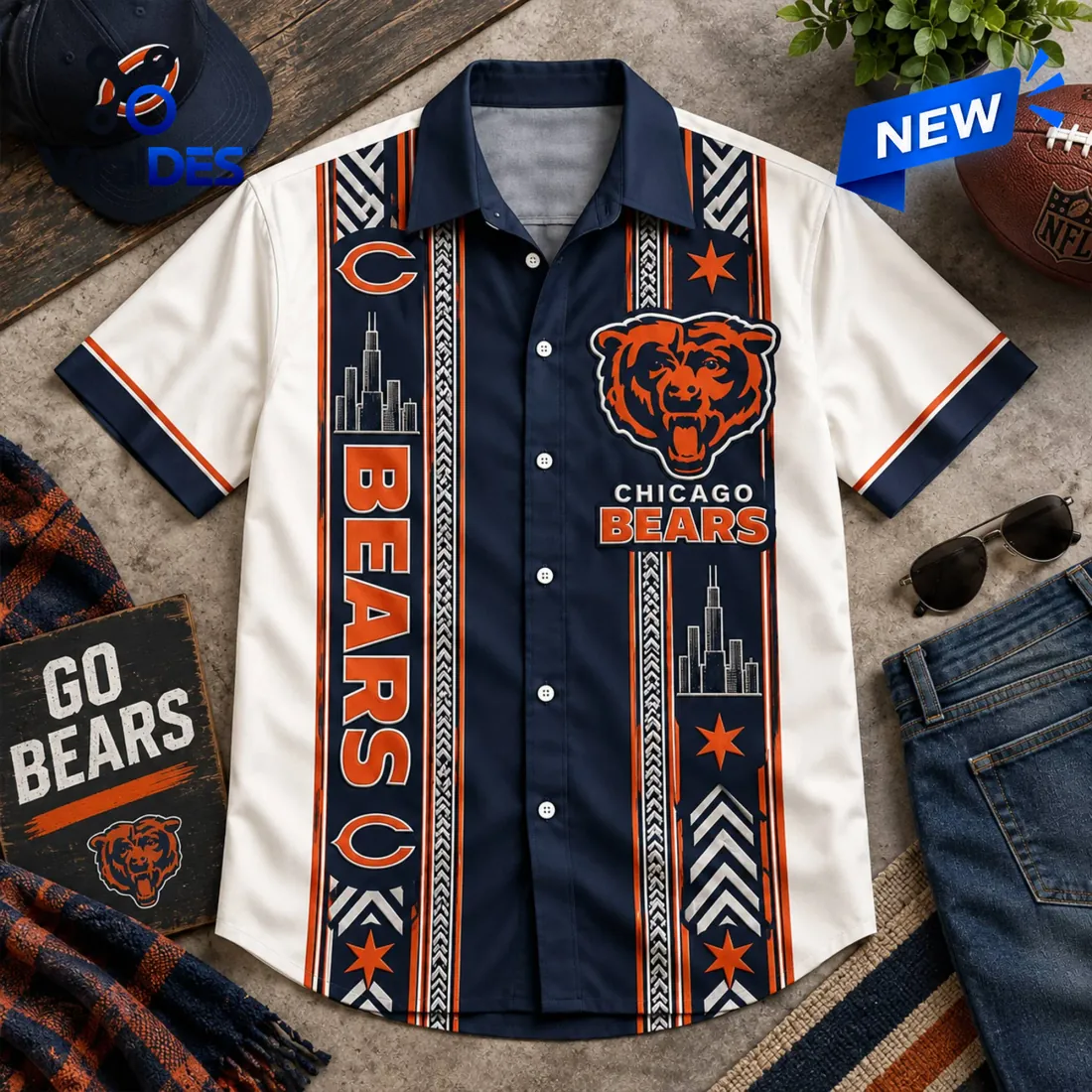 Chicago Bears Skyline Button Down Hawaiian Shirt Chicago Bears Skyline Button Down Hawaiian Shirt