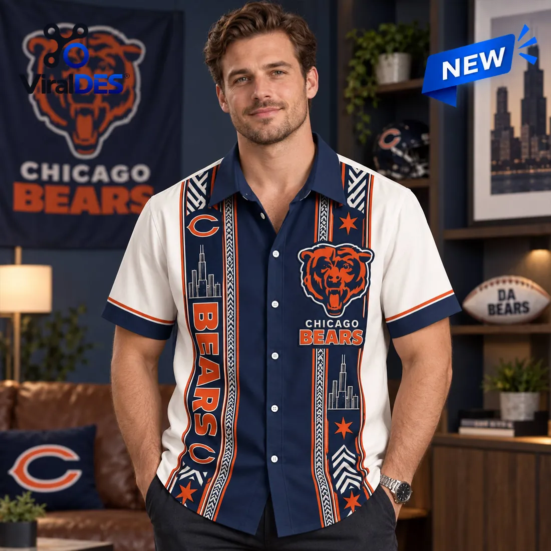 Chicago Bears Skyline Button Down Hawaiian Shirt Chicago Bears Skyline Button Down Hawaiian Shirt