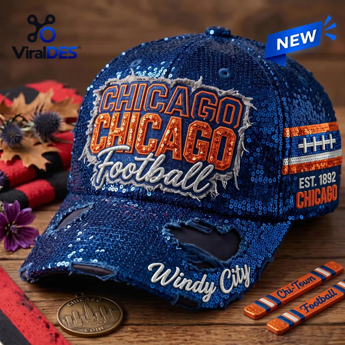 Chicago Football Sequin Baseball Cap Chicago Football Sequin Baseball Cap