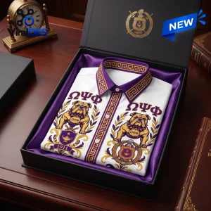 Front view of an Omega Psi Phi Fraternity Bulldog Hawaiian shirt inside a purple-lined gift box.