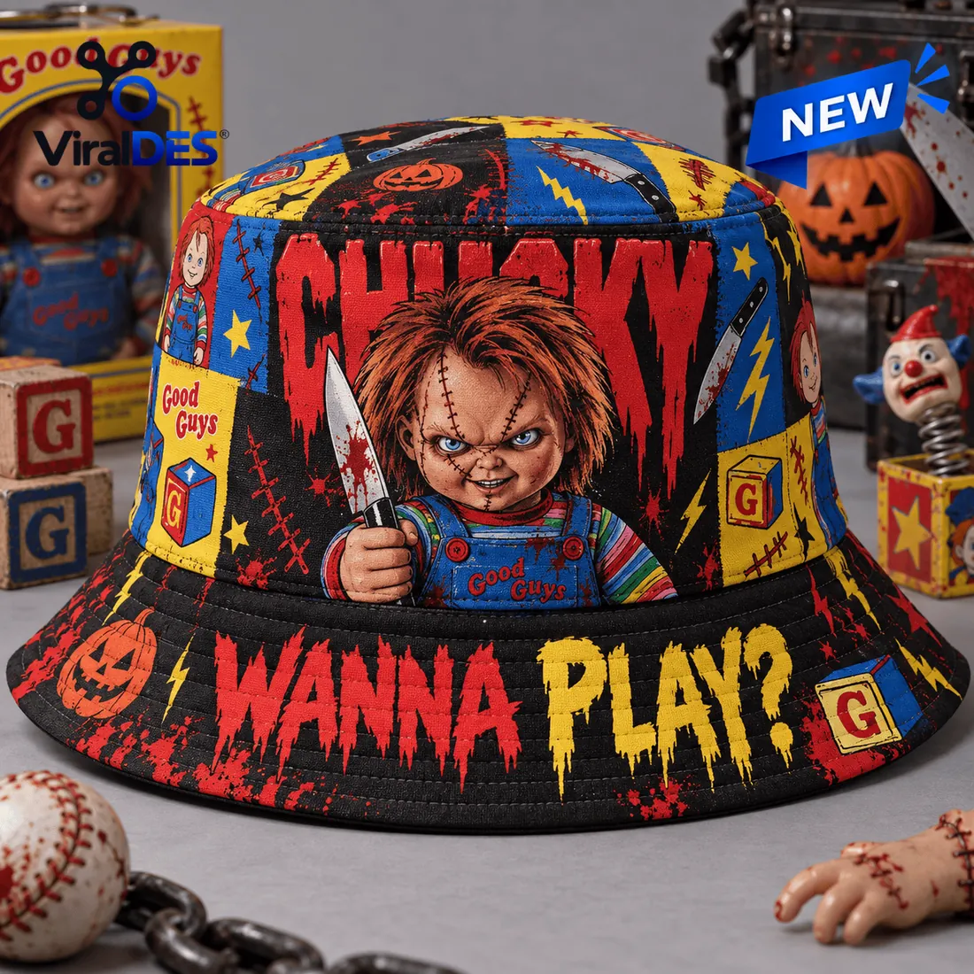 Chucky Wanna Play Horror Bucket Hat Chucky Wanna Play Horror Bucket Hat