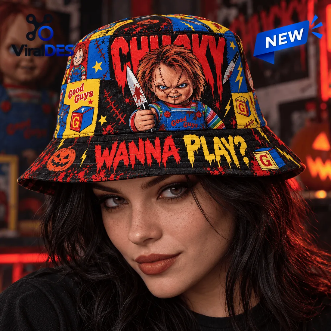 Chucky Wanna Play Horror Bucket Hat Chucky Wanna Play Horror Bucket Hat