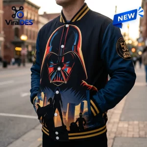 Front view of the Star Wars 50th Anniversary Darth Vader Baseball Jacket worn on a city street.