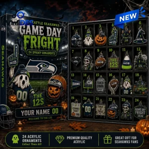Front view of Seattle Seahawks Halloween 2026 Advent Calendar containing twenty-four themed sports acrylic ornaments.