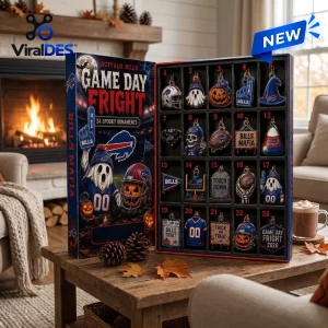Open Buffalo Bills Game Day Fright Halloween Advent Calendar on a wooden table with spooky football ornaments.
