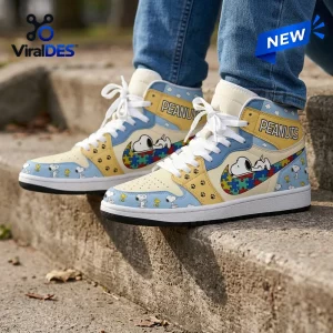 Peanuts Snoopy Autism Awareness Air Jordan 1 High Top sneakers featuring yellow panels, blue accents, and puzzle swooshes.