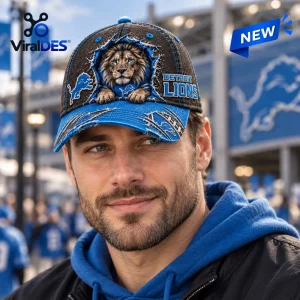 Detroit Lions Mascot Distressed Baseball Cap featuring a 3D lion graphic on a blue and brown frayed fabric background.