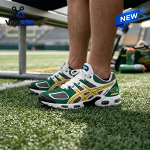 North Dakota State University Bison Personalized Air Max Sneakers in green, yellow, and white on a stadium football field.