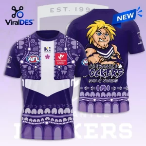Front and back views of the purple Fremantle Dockers Indigenous jersey featuring traditional patterns and mascot graphics.