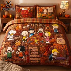 Peanuts Snoopy Great Pumpkin Fall Harvest Quilt Bedding Set featuring Charlie Brown characters in orange and brown leaves.