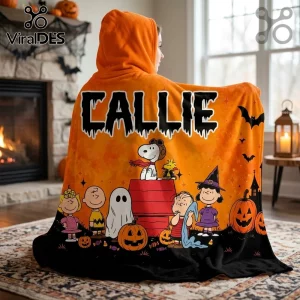 Peanuts Snoopy Halloween personalized hooded blanket in orange and black with custom name Callie and cartoon characters.